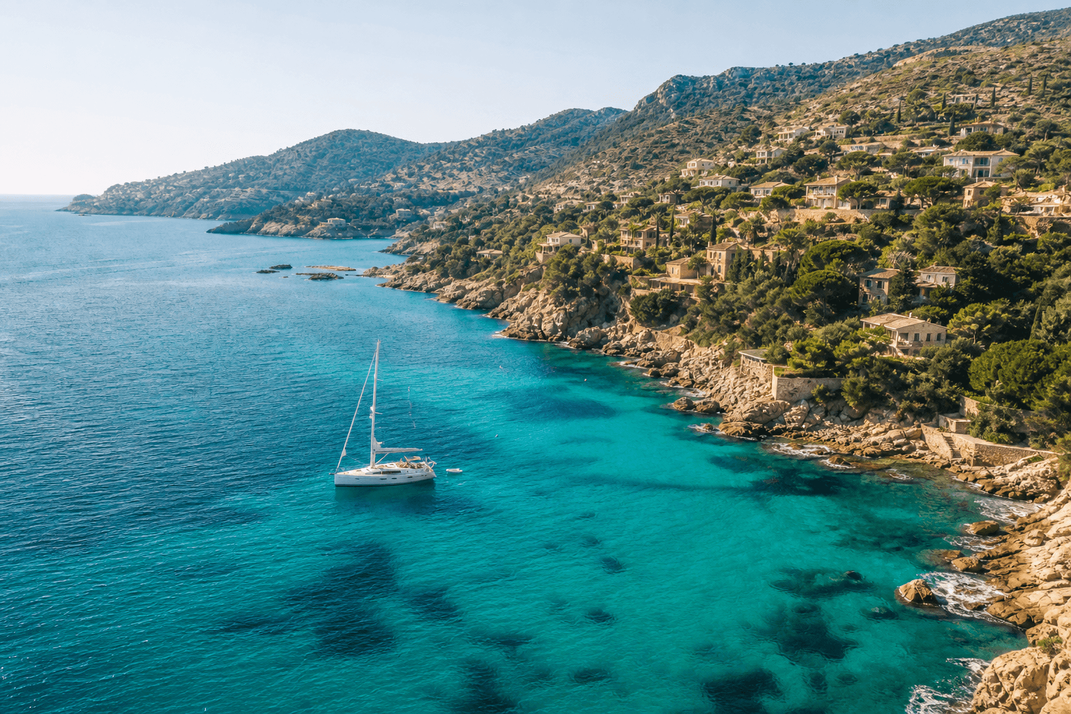 Turquoise Mediterranean coastline from above