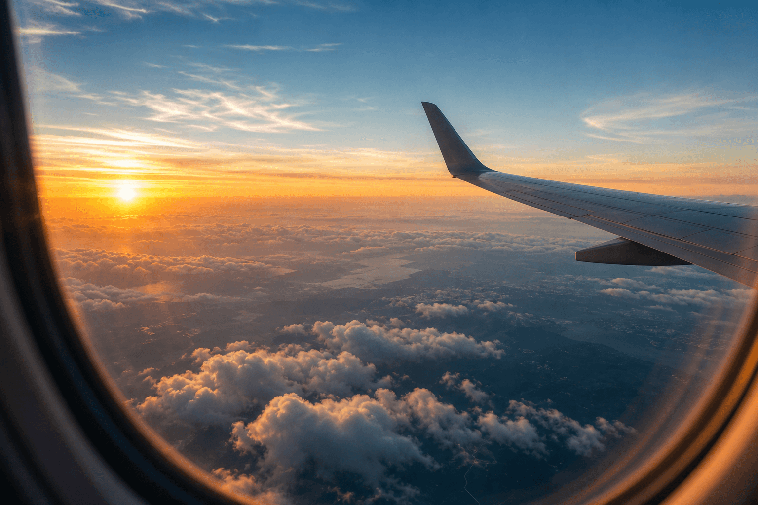 Sunrise above layered clouds from an airplane window