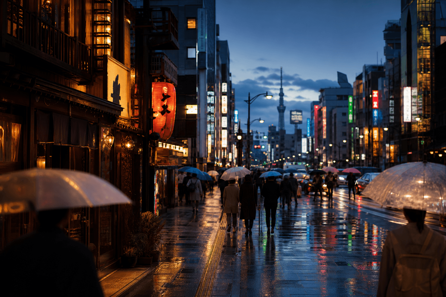 Tokyo street at dusk with neon reflections