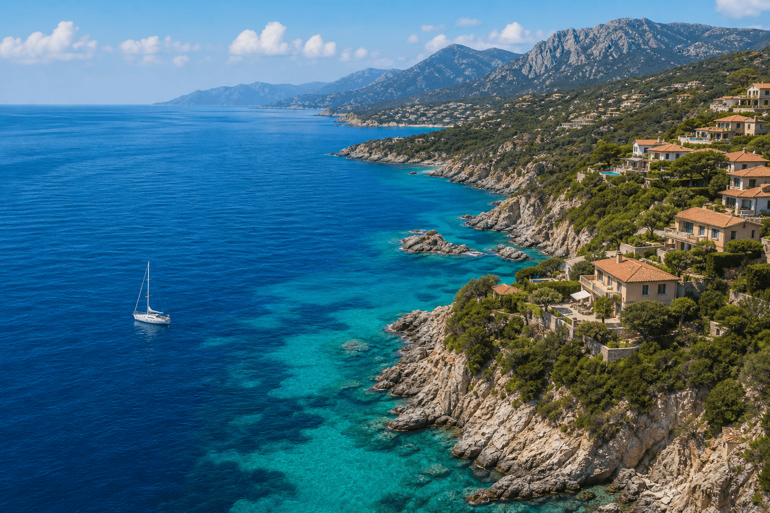 Aerial view of a turquoise coastline with a sailboat near shore