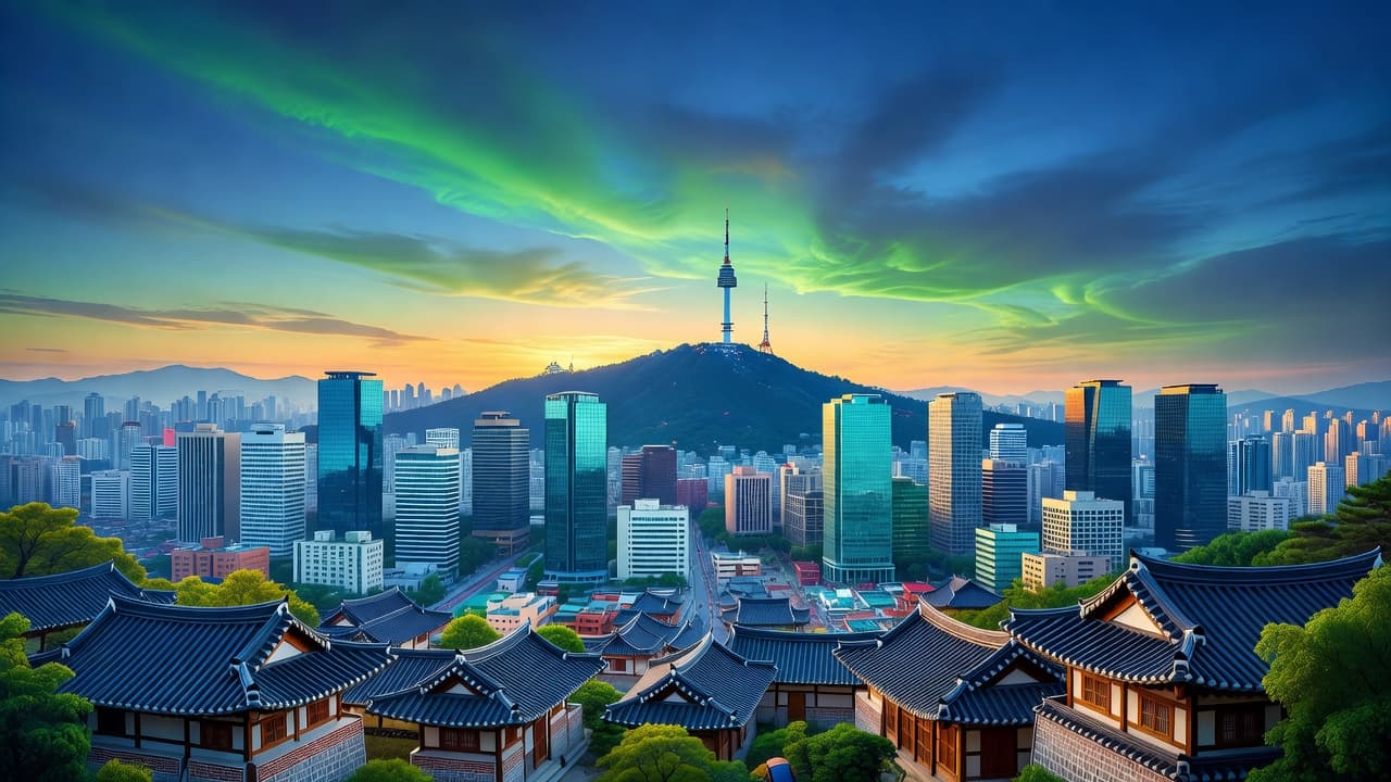 Seoul cityscape at sunset with N Seoul Tower, traditional hanok rooftops, and modern skyscrapers