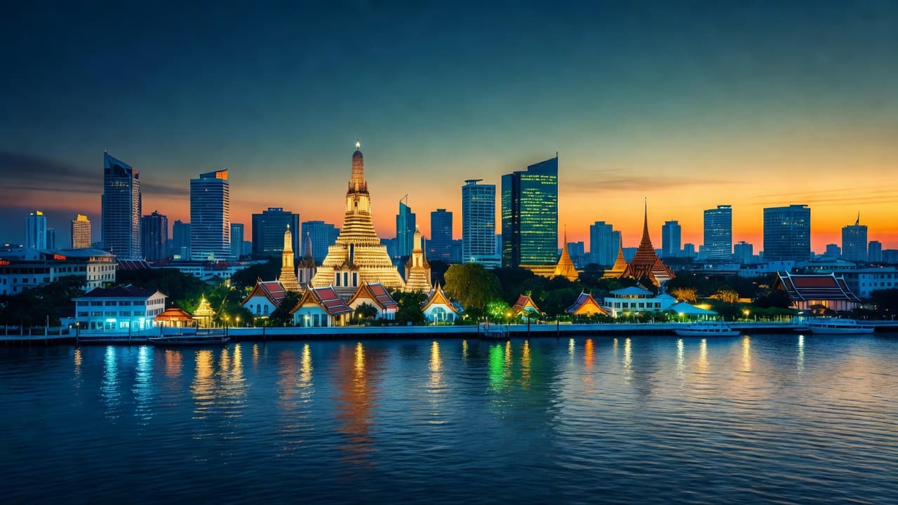 Bangkok skyline at sunset with golden temple spires and city lights reflecting over the Chao Phraya River