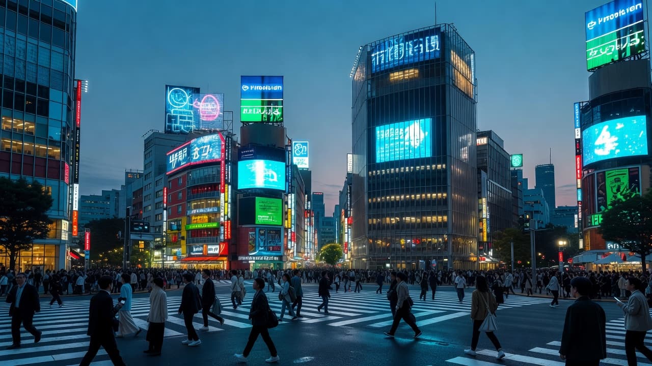 Shibuya Crossing in Tokyo at dusk with glowing neon signs and crowds crossing the famous scrambled intersection