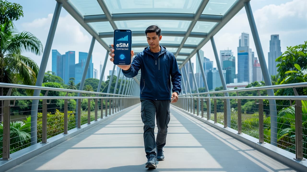 Traveler using smartphone with eSIM connectivity while crossing between Singapore and Malaysia