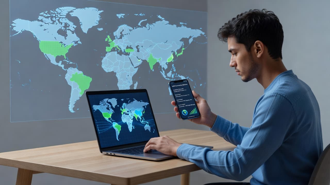 Digital nomad working on laptop with smartphone showing eSIM connectivity options, world map with highlighted regions in background