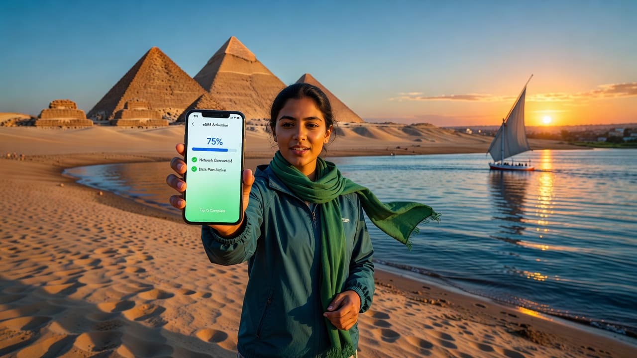 Tourist holding a smartphone with eSIM activation screen against the backdrop of the Great Pyramids of Giza and the Nile River at sunset