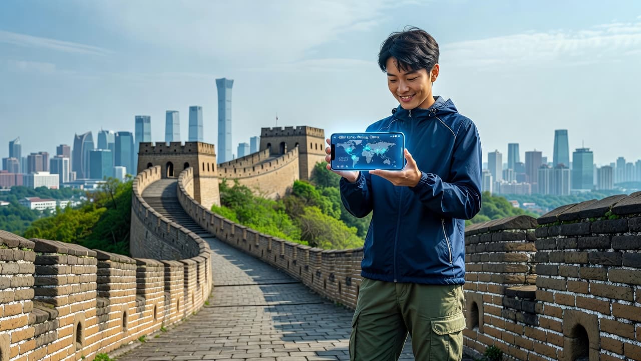 Traveler using smartphone with eSIM connectivity at the Great Wall of China with Beijing skyline in background