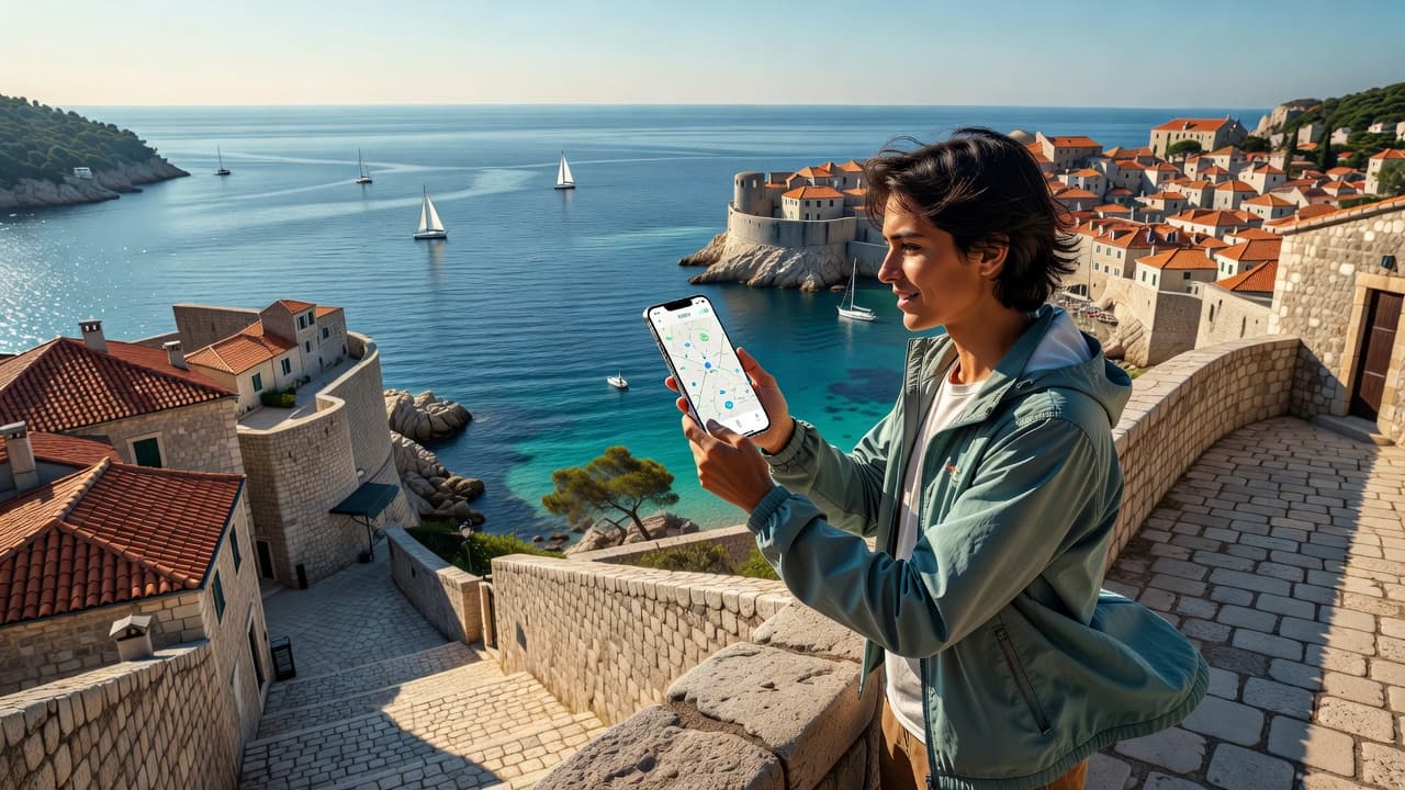 Best eSIM for Croatia 2026 guide — traveler using smartphone with eSIM data plan while exploring Dubrovnik Old Town with Adriatic Sea backdrop