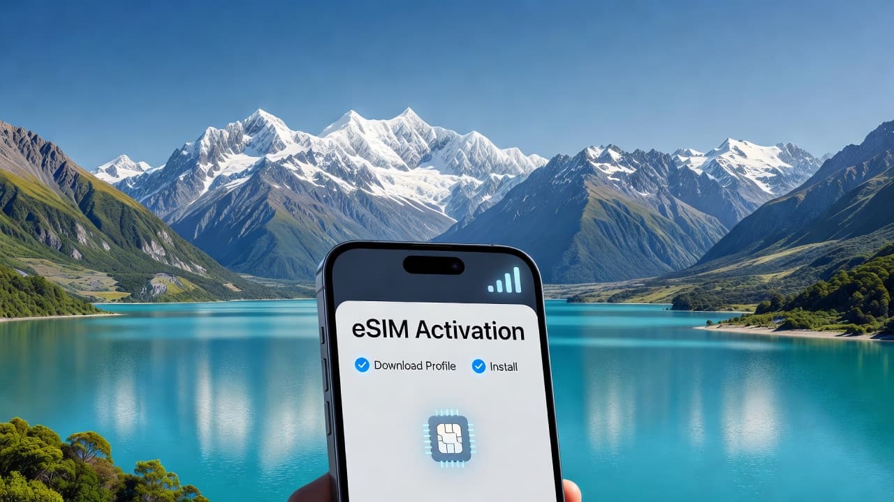 A smartphone displaying an eSIM activation screen held against a panoramic New Zealand landscape featuring snow-capped Southern Alps mountains and a turquoise glacial lake, with a subtle network signal icon overlay