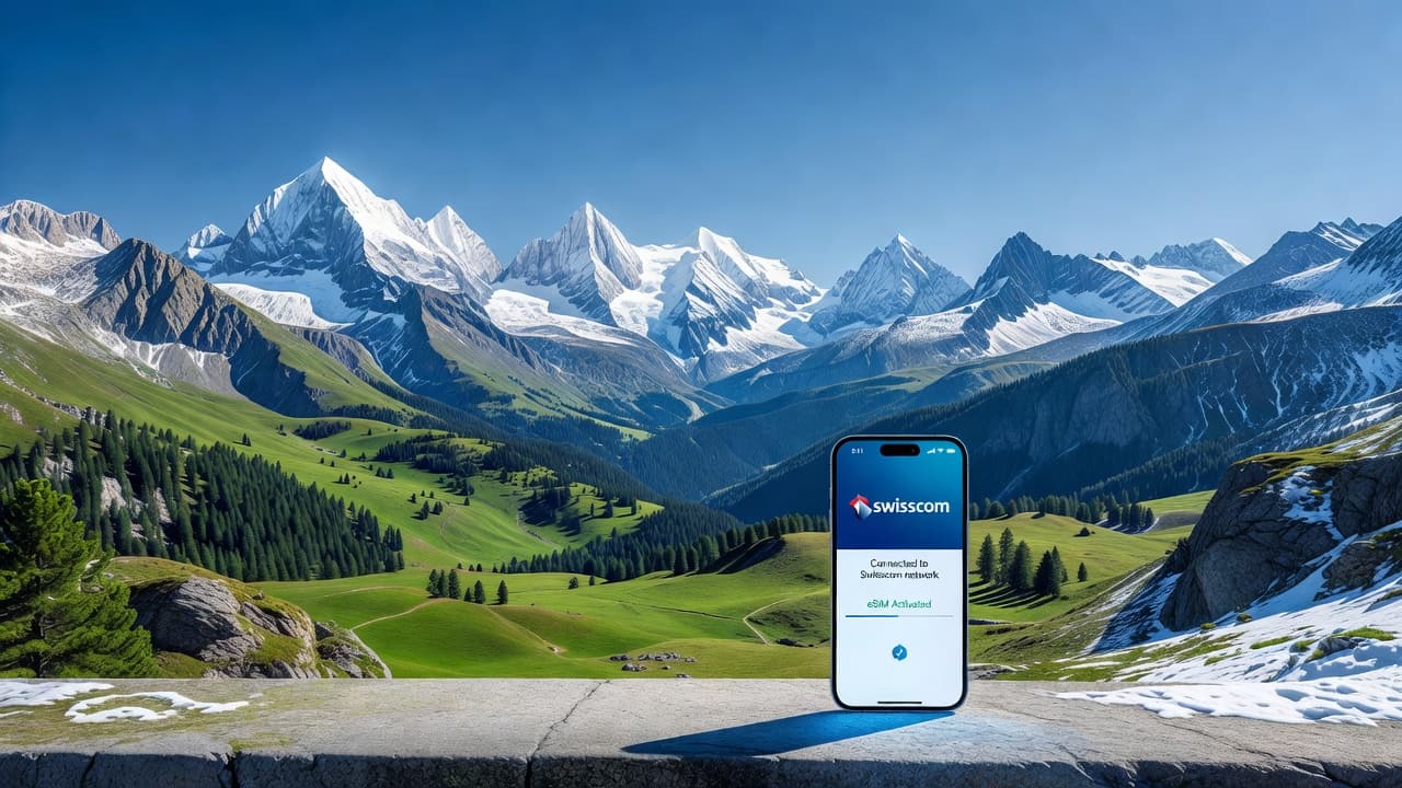 Swiss Alps mountain landscape with a smartphone displaying eSIM activation screen showing Swisscom network connection
