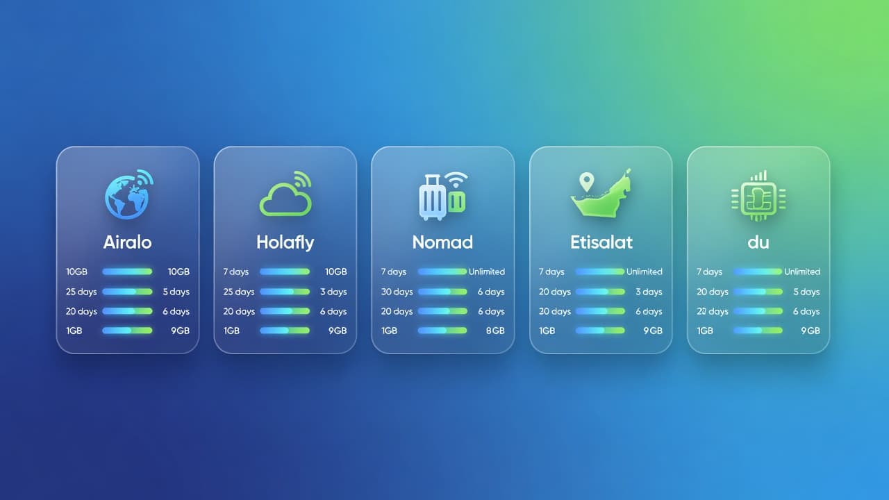 Best international eSIM for UAE and Dubai travel — comparison of Airalo, Holafly, Nomad, Etisalat, and du plans for staying connected in the Middle East