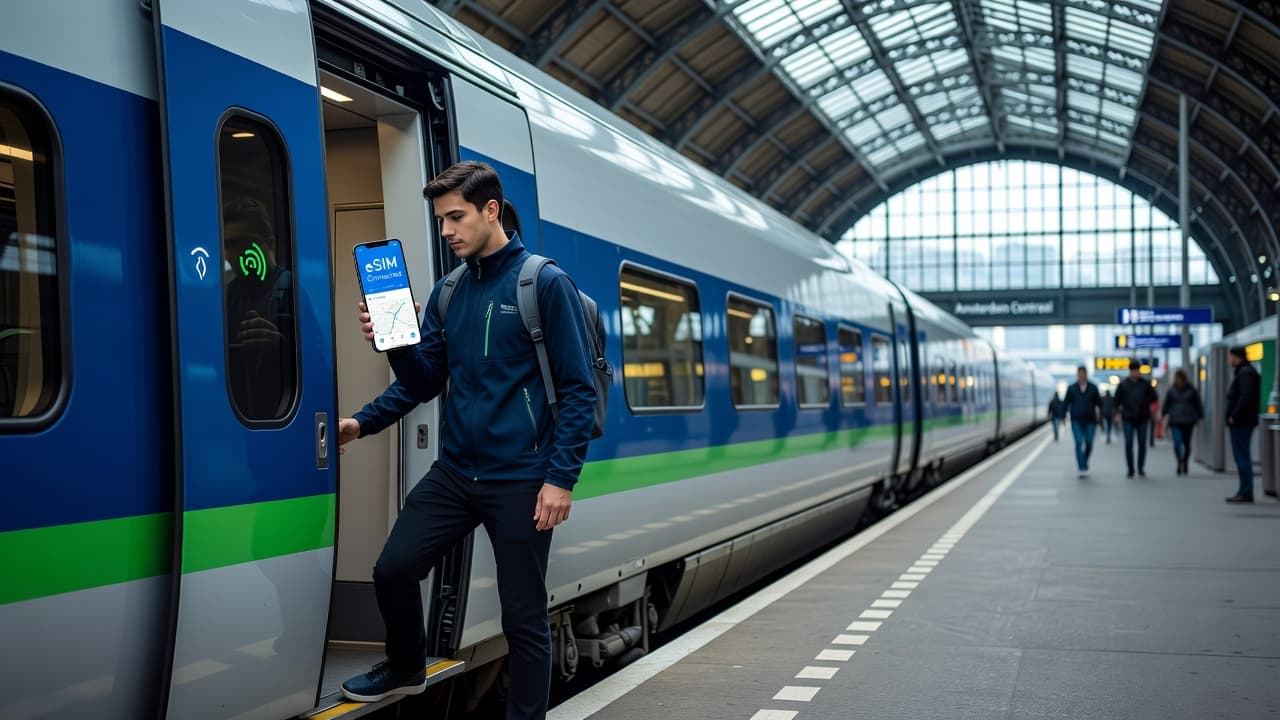 Traveler using smartphone with eSIM connectivity while boarding a train at Amsterdam Centraal station heading to Brussels