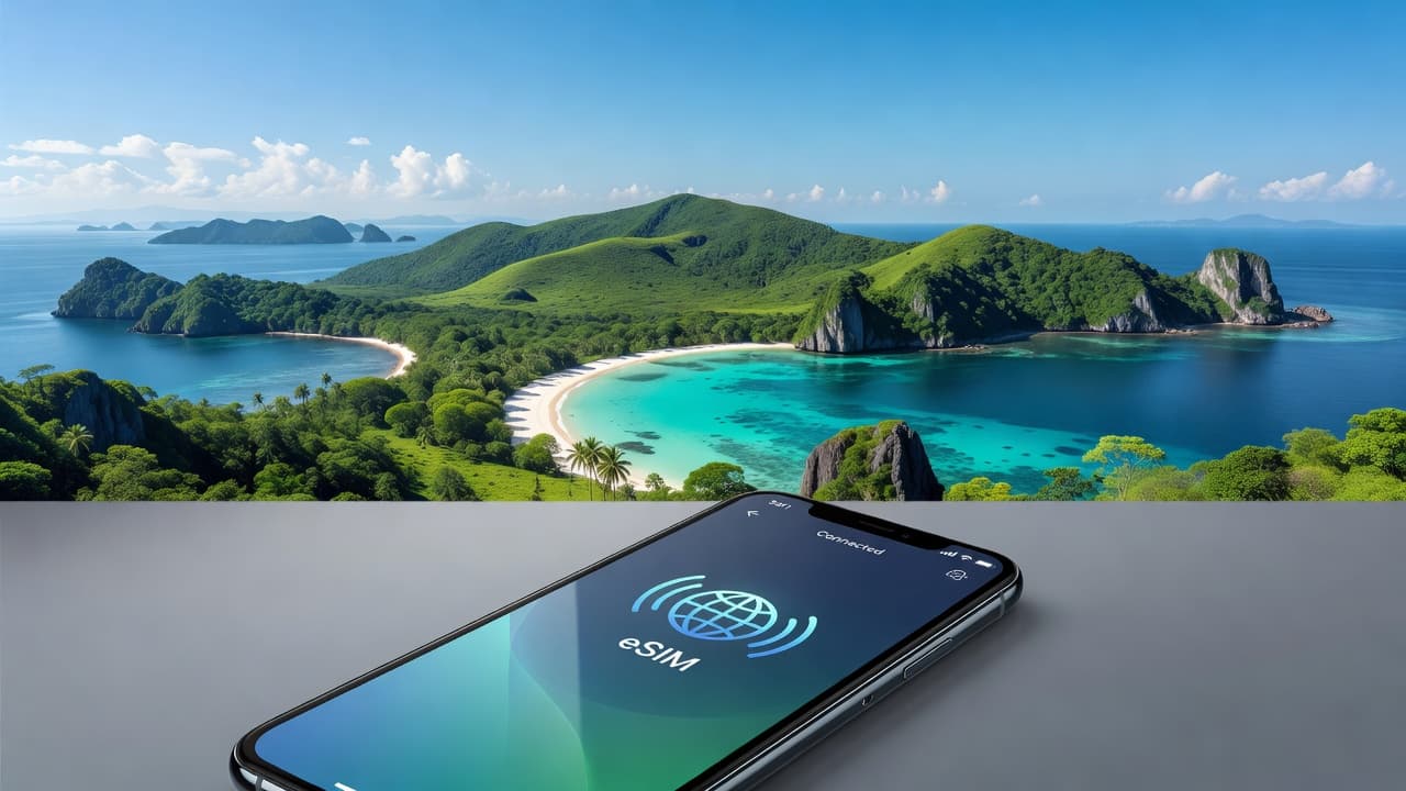 Smartphone showing eSIM connectivity with a Philippine island landscape in the background