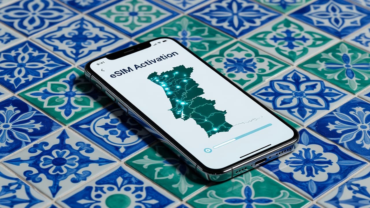 Colorful tiles of Lisbon with smartphone showing eSIM activation screen and Portugal map overlay
