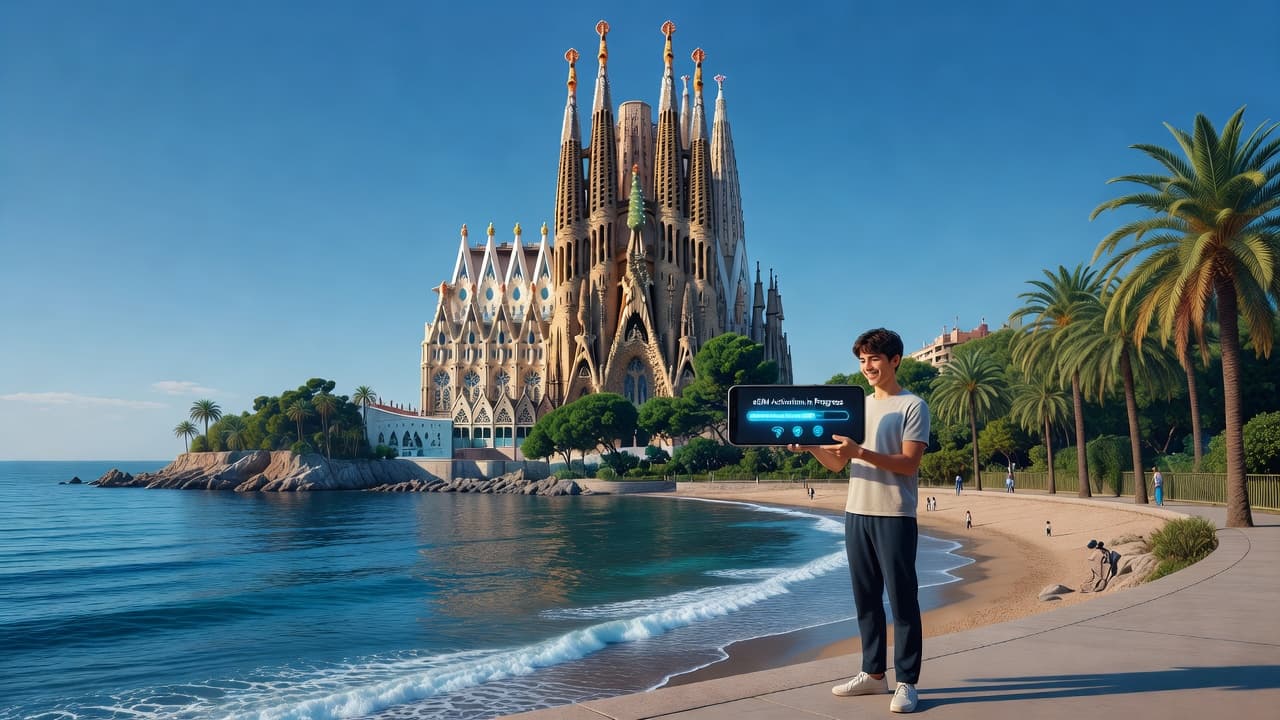 Tourist holding smartphone with eSIM activation screen against backdrop of Barcelona's Sagrada Familia and Spanish coastline
