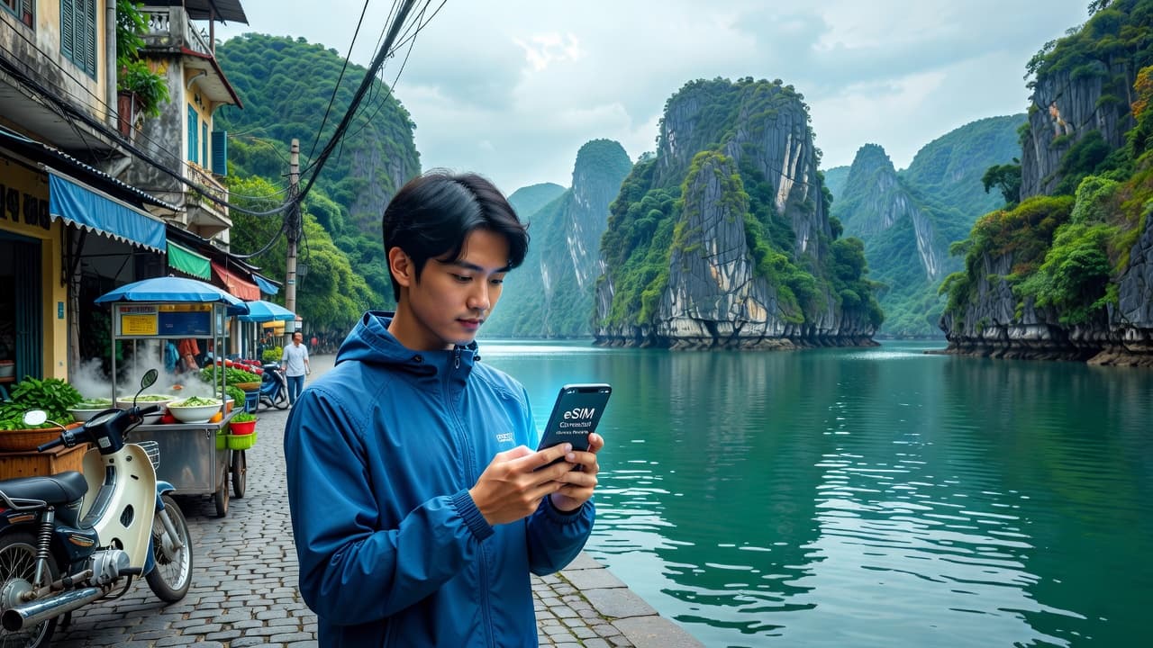 Traveler using smartphone with eSIM connectivity in Vietnam, featuring Hanoi street scene and Ha Long Bay limestone karsts in background