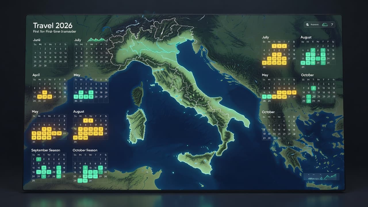 Colorful map and calendar of Italy showing the best travel seasons for first-timers in 2026, highlighting peak summer and shoulder-season months