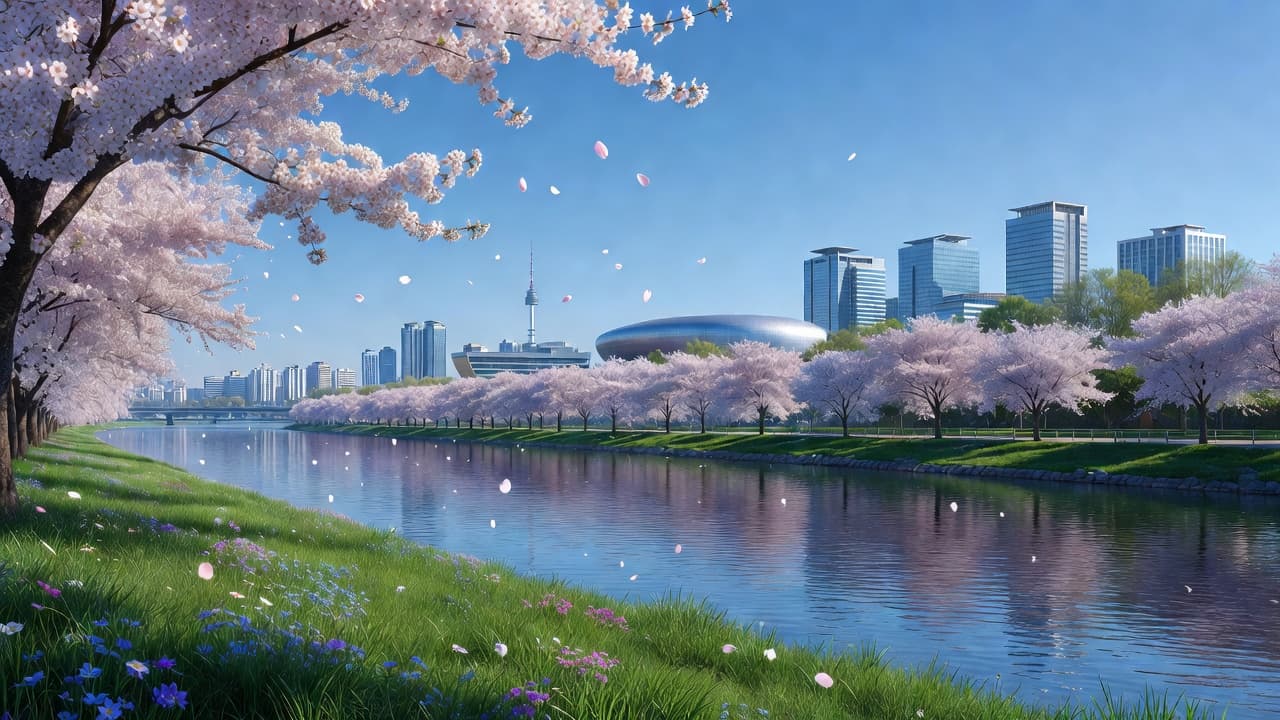 Cherry blossoms blooming along a riverbank in Seoul, South Korea during spring season