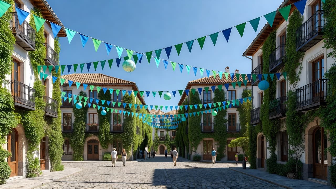 Colorful Spanish plaza with festival decorations under a bright blue sky, representing the best time to visit Spain