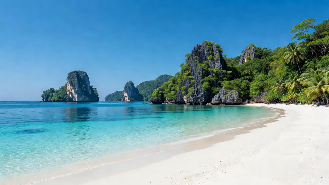 Tropical beach in Thailand with clear blue water and limestone karst islands, representing the best time to visit Thailand during dry season