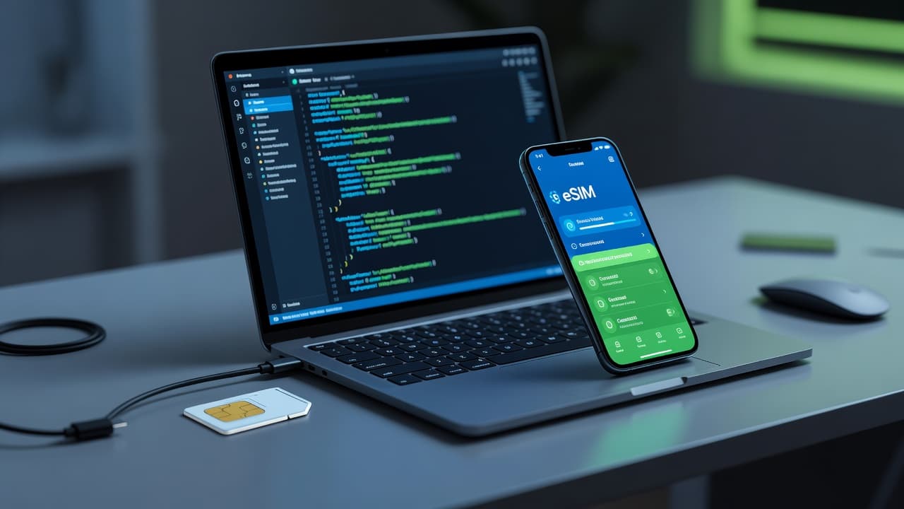 A developer's desk with a laptop showing code, a smartphone displaying an eSIM activation screen, and a discarded physical SIM card on the side — representing the transition from traditional SIMs to eSIM technology