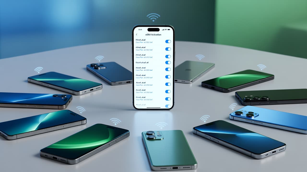 A smartphone displaying eSIM activation screen with multiple network options, surrounded by various 2026 smartphone models from different brands