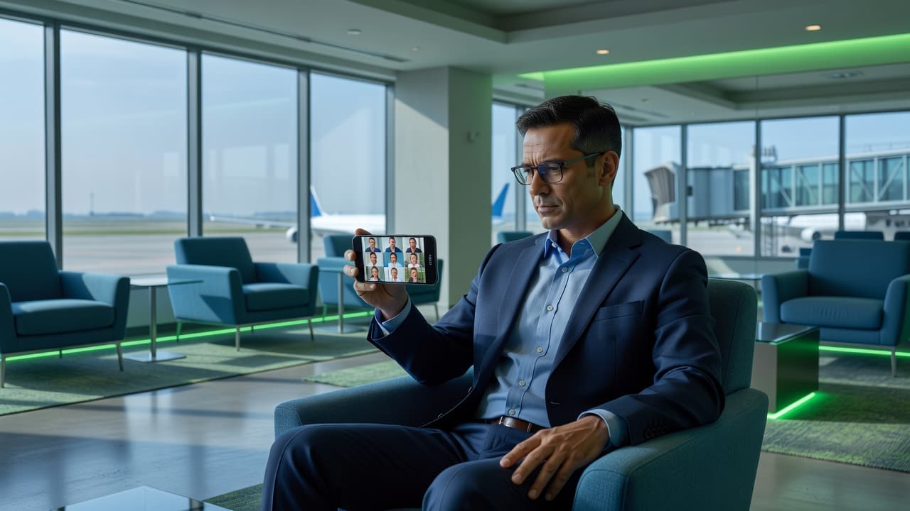 Business traveler using eSIM-enabled smartphone for a video conference call while working remotely at an airport lounge