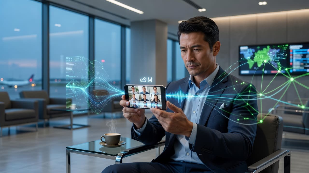 Business traveler using smartphone with eSIM connectivity for video conferencing while traveling internationally