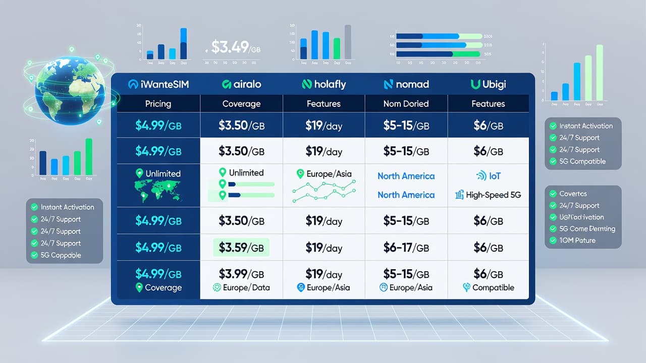 Side-by-side comparison of top 5 eSIM providers in 2026 — iWanteSIM, Airalo, Holafly, Nomad, and Ubigi — showing pricing, coverage, and features in a comparison table