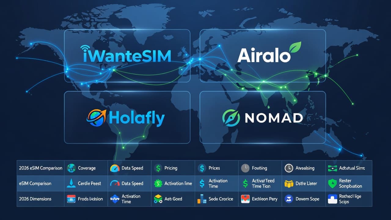 Four eSIM provider logos — iWanteSIM, Airalo, Holafly, and Nomad — arranged in a comparison grid with a world map background, showing the 2026 eSIM comparison across 8 dimensions