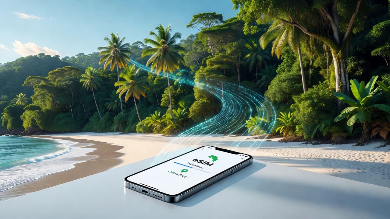 eSIM Costa Rica travel guide showing a smartphone activating an eSIM plan with a Costa Rica beach and rainforest landscape in the background