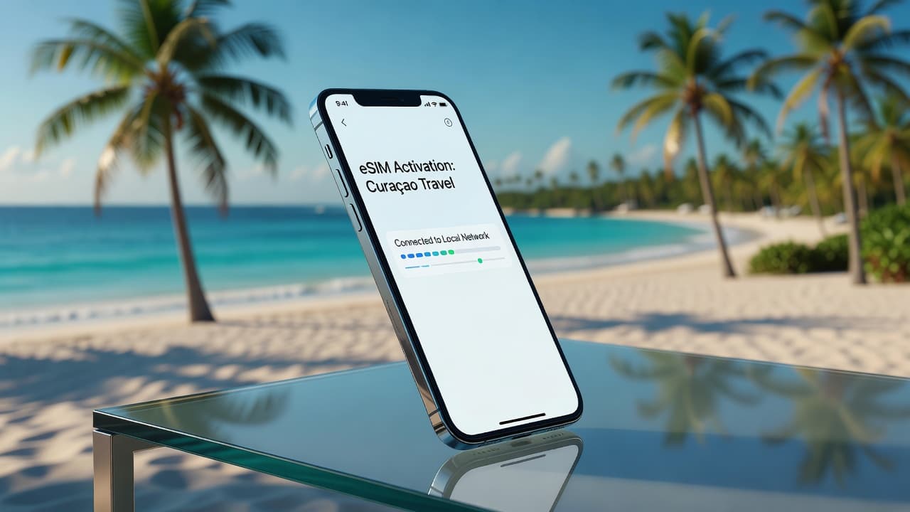 Smartphone showing eSIM activation for Curaçao travel with Caribbean beach backdrop