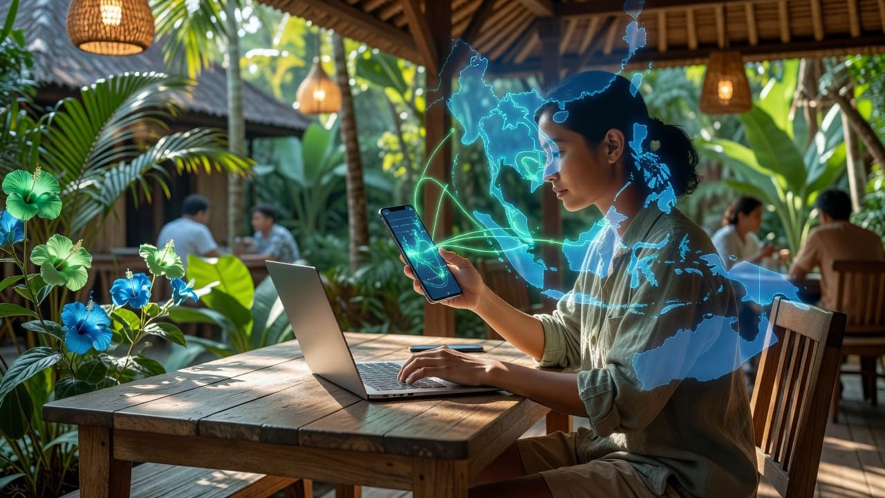 Digital nomad working remotely from a café in Bali with laptop and phone, illustrating eSIM connectivity for remote workers traveling across Southeast Asia and Europe