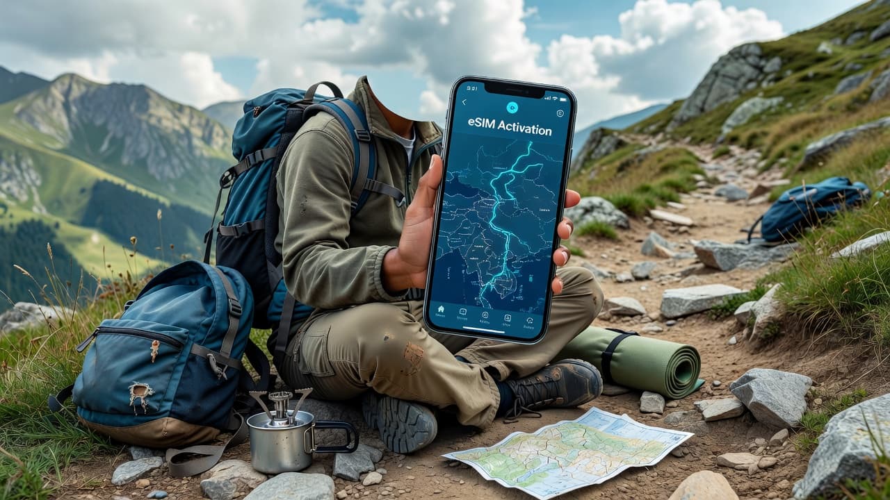 Backpacker sitting on a mountain trail with phone showing eSIM activation, budget travel gear scattered around, scenic multi-country route map visible on screen