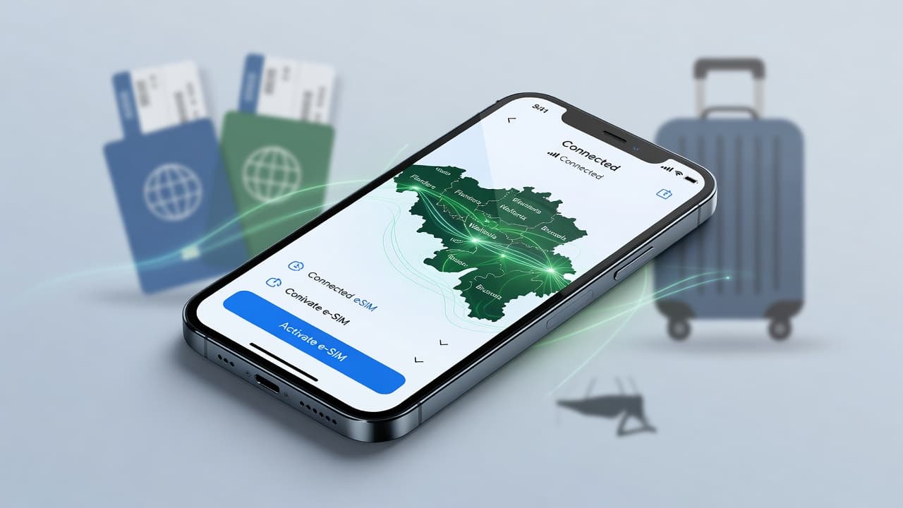 Smartphone displaying an eSIM activation screen with a Belgium map overlay, representing travel eSIM connectivity for Belgium