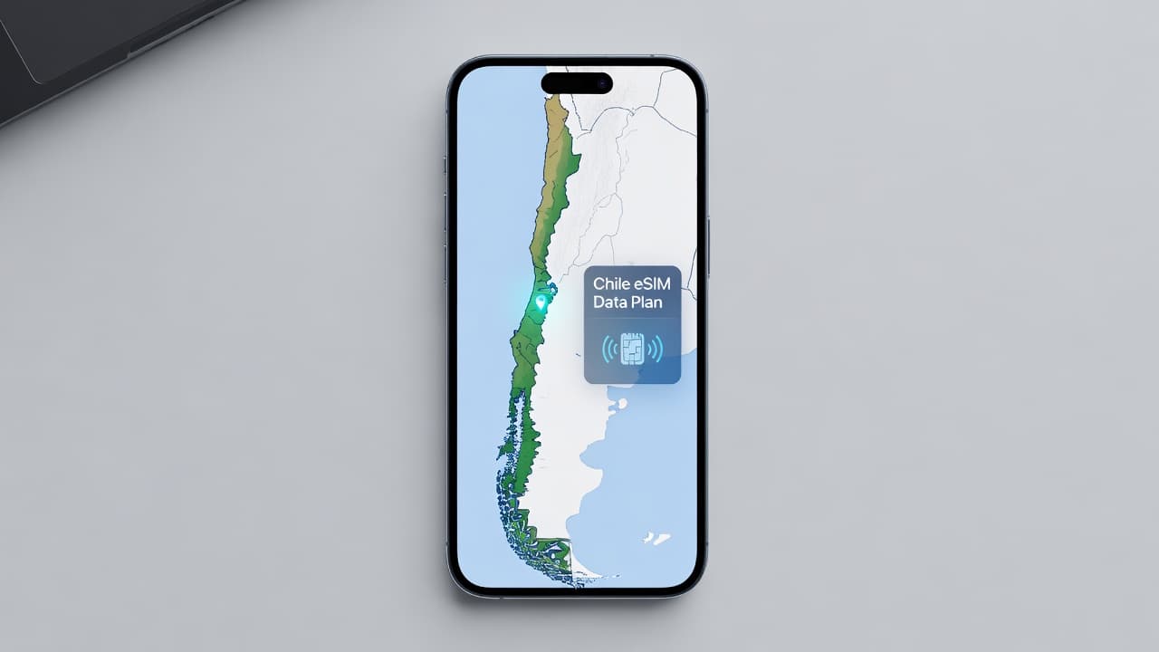 eSIM for Chile travel guide showing a smartphone with a Chile eSIM data plan and map of Chile with Santiago, Atacama Desert, and Patagonia marked