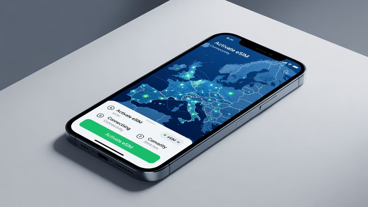 A smartphone displaying an eSIM activation screen with a map of Europe showing multi-country connectivity