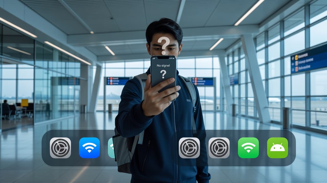 Traveler holding smartphone showing no signal bars with question mark overlay, airport terminal background, split-screen showing iOS and Android settings icons