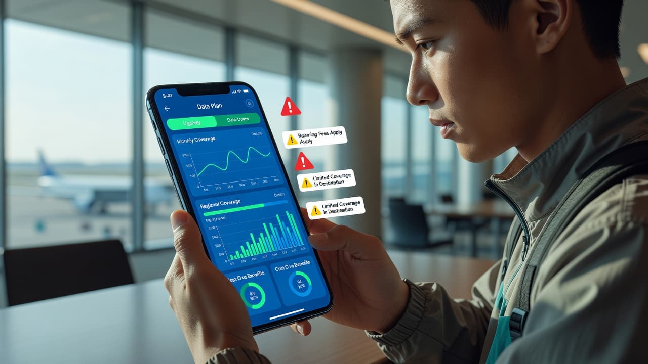 Traveler comparing eSIM plans on smartphone screen with data usage charts and warning icons