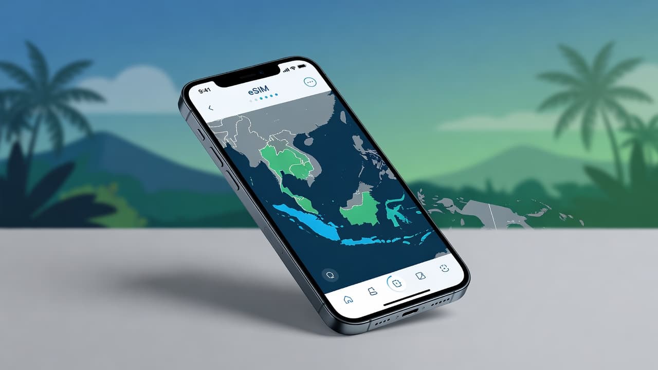 Smartphone displaying eSIM activation screen with Southeast Asia map in background, Thailand Vietnam Indonesia Philippines Malaysia highlighted