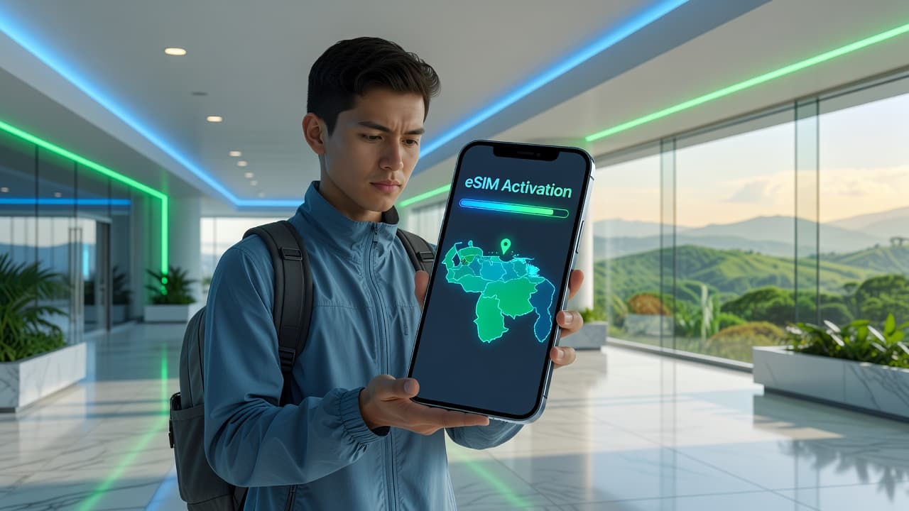 Traveler holding a smartphone showing eSIM activation screen with a Venezuela map in the background