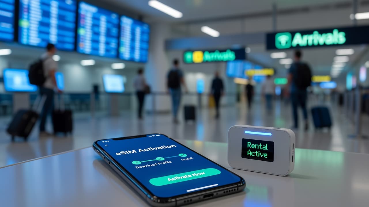 Smartphone displaying eSIM activation screen next to a pocket WiFi rental device, with an airport arrivals hall in the background
