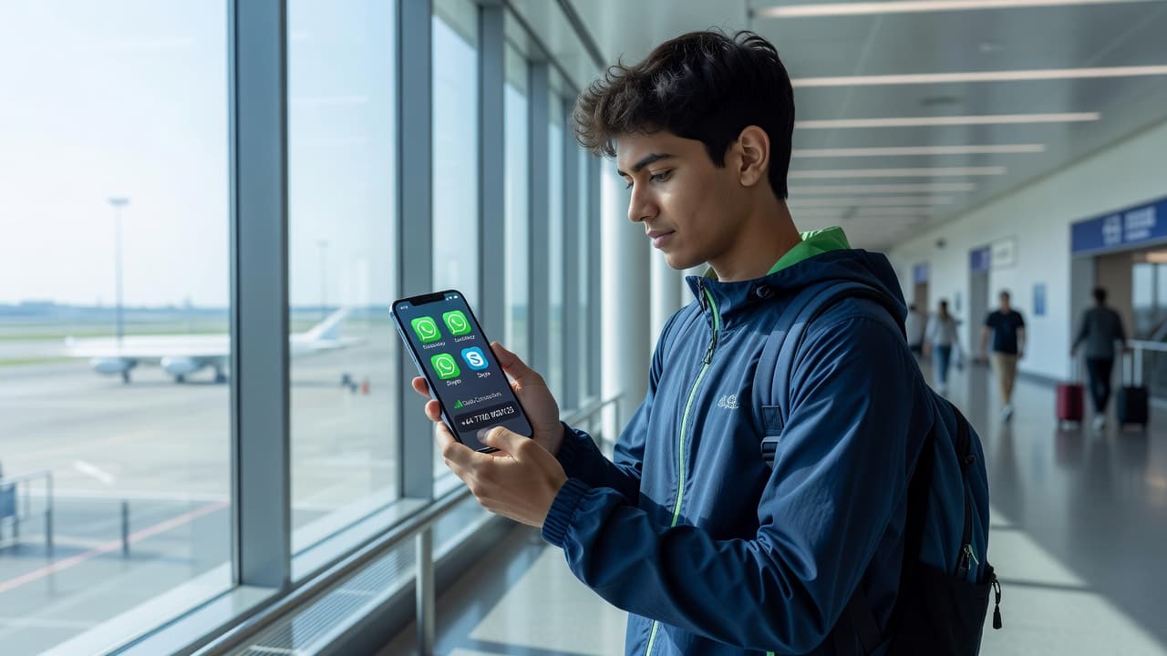 Traveler using an eSIM with phone number to make calls and send texts while abroad, with smartphone showing WhatsApp and Skype apps over a data connection