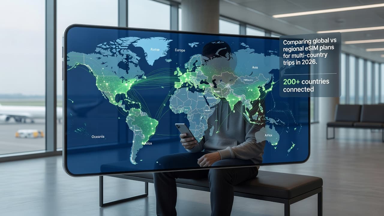 Traveler using smartphone with global eSIM coverage map showing 200+ countries connected across Europe, Asia, Americas, Africa, and Oceania — comparing global vs regional eSIM plans for multi-country trips in 2026