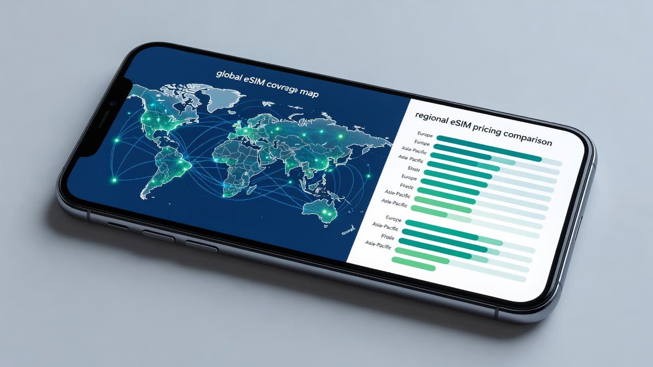Smartphone displaying global eSIM coverage map versus regional eSIM pricing comparison