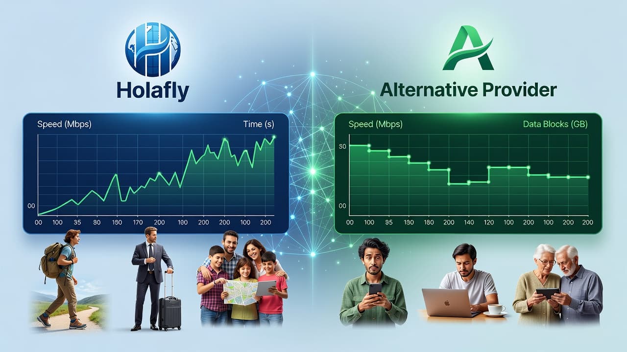 Comparison illustration of unlimited data eSIM vs pay-per-GB eSIM models with Holafly and alternative provider logos, speed test charts, and traveler type icons