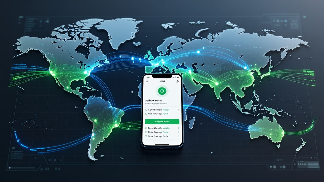A world map with glowing connection lines between continents, overlaid with a smartphone displaying an eSIM activation screen, representing global eSIM connectivity challenges
