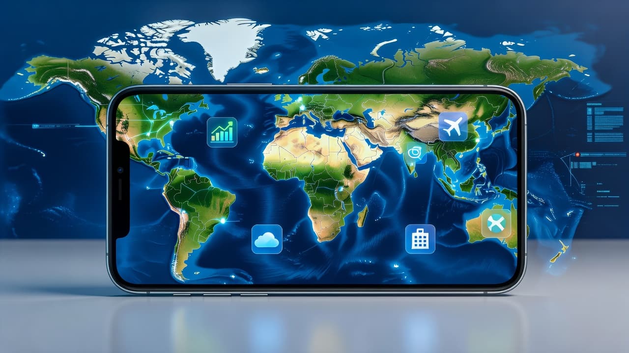 Smartphone showing travel apps with data usage icons on a world map background