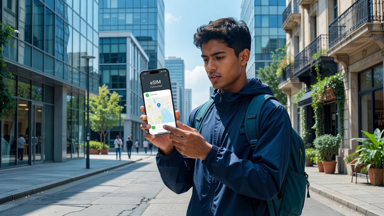 Traveler using smartphone with eSIM to avoid expensive roaming charges while exploring a foreign city