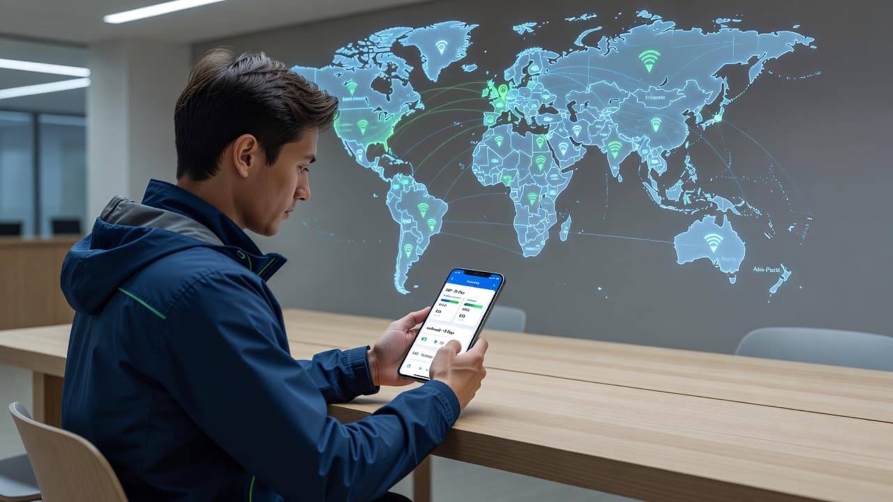 A traveler comparing eSIM plans on a smartphone screen, with a world map and data icons in the background